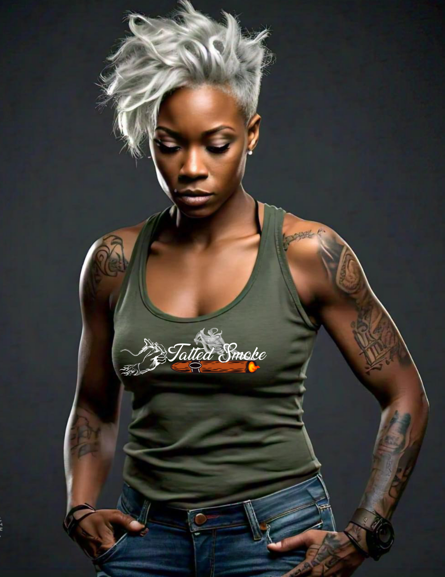 Military Green Tatted Smoke Razor Tank